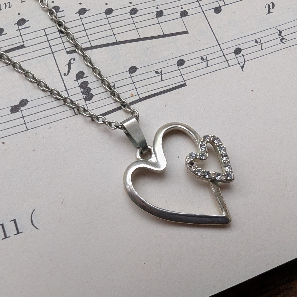 Silvertone Double Heart Pendant Necklace